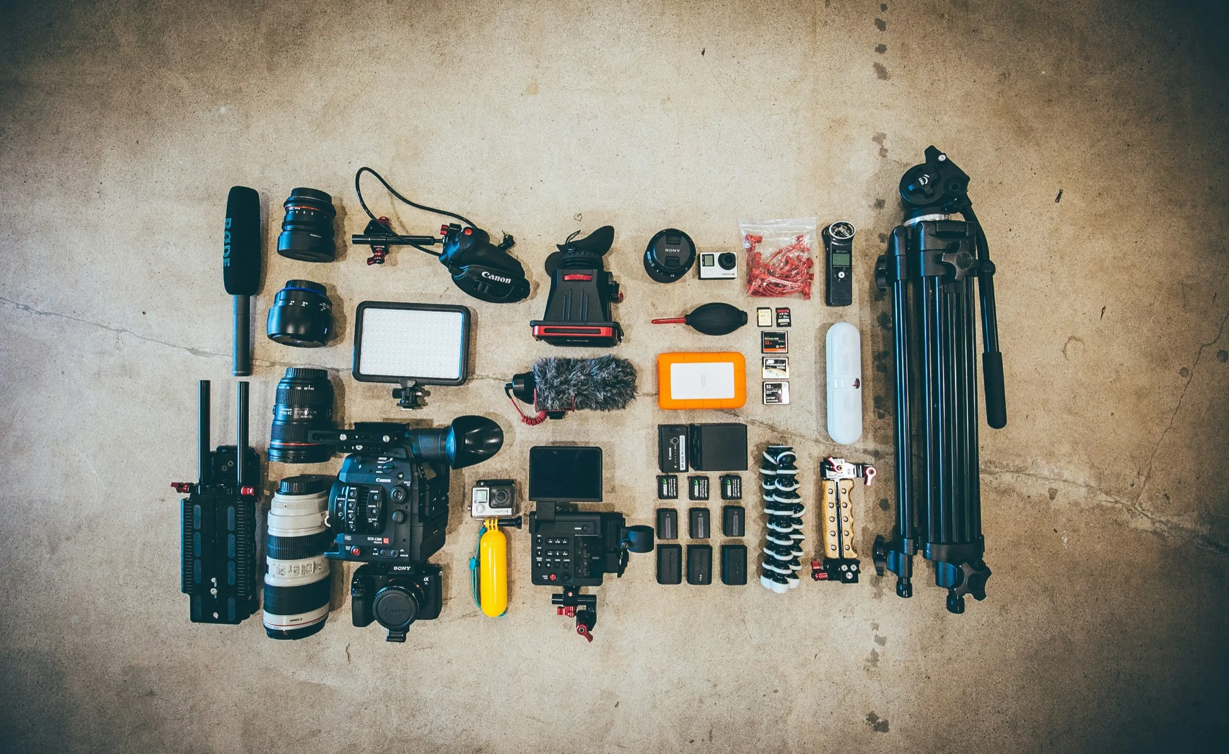 Photography and video gear ready for a trip
